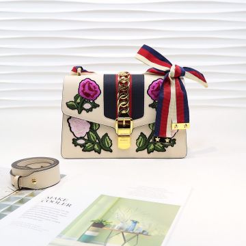 Vogue Cream Leather Flowers Embroidery Red-Blue Web Metal Detail Double Detachable Straps Sylvie -  Gucci Ladies Shoulder Bag