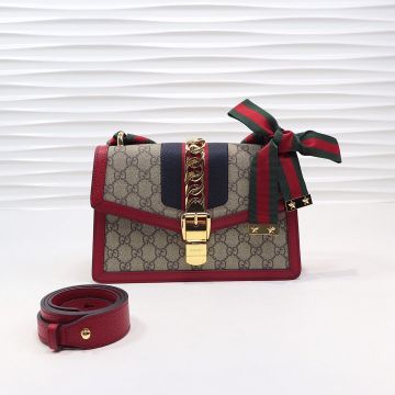 Cheapest GG Supreme Canvas Red Leather Trim Web Decoration Green-Red Strap Metal Detail Sylvie -  Gucci Ladies Flap Bag