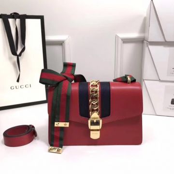 Classic Red Leather Striped Web Star Decoration Red-Green Canvas & Red Leather Double Straps Sylvie - Replica Gucci Shoulder Bag