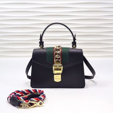 Top Sale Black Calfskin Leather Red-Green Canvas Web Detachable Striped Strap Metal Detail Sylvie - Replica Gucci Female Flap Bag 