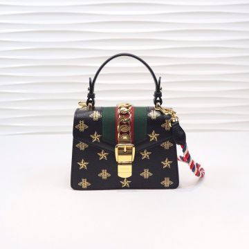 Fashion Black Textured-Leather Gold Bee Star Pattern & Red-Green Canvas Web Detachable Straps Sylvie - Fake Gucci Ladies Handle Bag