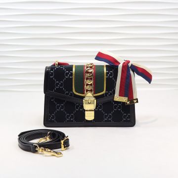 Summer New GG Mark Suede Black Leather Trim Decorated Gold Trim Red-Green Web Double Straps Sylvie -  Gucci Ladies Flap Bag