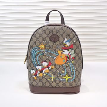 Best Sale Brown Leather & Ebony Canvas Patchwork Vaulted Top Donald Duck Pattern Double Zipper Disney X -  Gucci Unisex Backpack 