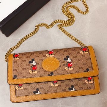 Vogue Coffee Leather GG Supreme Canvas Mickey Pattern Snap Buckle Closure Golden Chain Strap Disney X - Faux Gucci Women Wallet