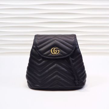  Gucci GG Marmont Black Wave Quilted Design Gold Double G Detail Flap Drawstring Closure Backpack For Girls