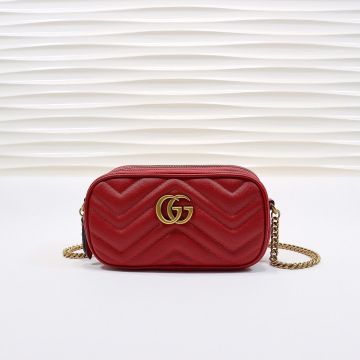 Faux Gucci GG Marmont Red Leather V-Quilted Three Compartment Zip Closure Double G Logo Women'S Classic Shoulder Bag