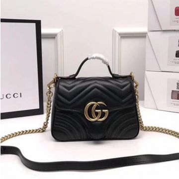 Classic Black Herringbone Quilted Leather Top Handle Double G Detail Flap Design GG Marmont— Gucci Women'S Mini Tote Bag