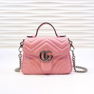  Gucci GG Marmont Rose Pink Matelassé Leather Back Heart Shiny Palladium Double G Women'S Top Handle Mini Bag