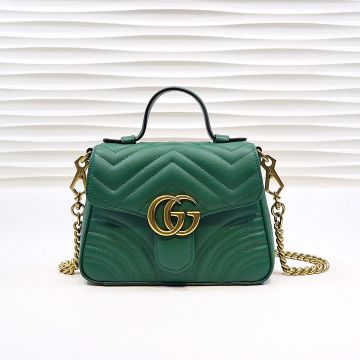  Gucci GG Marmont Green Wave Quilted Leather Vintage Gold Double G Hardware Flap Ladies Top Handle Mini Bag
