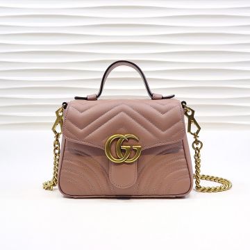 High End Grey Pink Wave Quilted Leather Vintage Gold Double G Top Handle GG Marmont— Gucci Women'S Gentle Mini Tote Bag