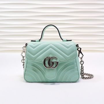 Low Price Pale Turquoise Leather Wavy Quilted Shiny Silver Double G Logo GG Marmont— Gucci Elegant Ladies Mini Tote Bag 