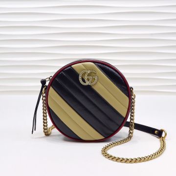For Sale Black Beige Diagonal Matelassé Leather Red Trim Twist Double G Detail GG Marmont—Fake Gucci Round Mini Shoulder Bag