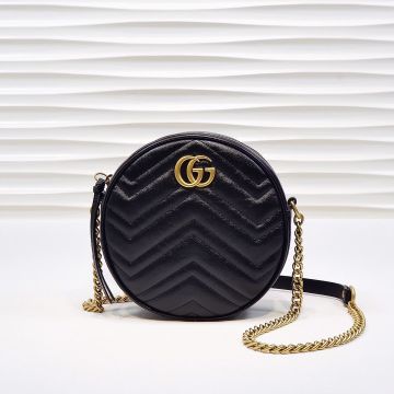 Replica Gucci GG Marmont Black Matelassé Herringbone Leather Brass Double G Detail Zip Closure Ladies Round Mini Shoulder Bag