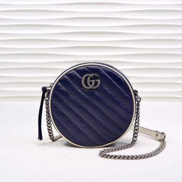 Chic Dark Blue Twill Quilted White Trim Distressed Twist Silver Double G Design GG Marmont—Clone Gucci Women'S Round Shoulder Bag