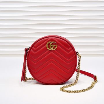 Top Quality Red V Quilted Look Top Zip Vintage Gold Double G Logo GG Marmont—Copy Gucci Mini Round Bag For Female
