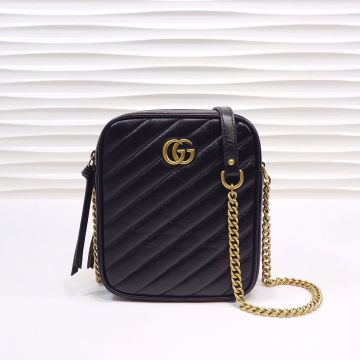 Clone Gucci GG Marmont Black V Quilted Gold Double G Detail Multi Compartment Zip Closure Unisex Mini Rectangle Crossbody Bag