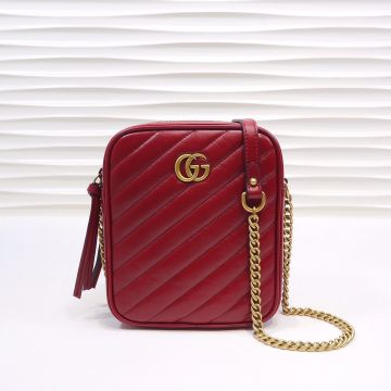 Best Quality Red Twill Quilted Brass Double G  Two Compartment Zip GG Marmont— Gucci Ladies Rectangle Mini Shoulder Bag