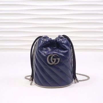 Best Quality Dark Blue Twill Quilted Leather Silver Twist Double G Knot Closure GG Marmont—Replica Gucci Mini Bucket Bag