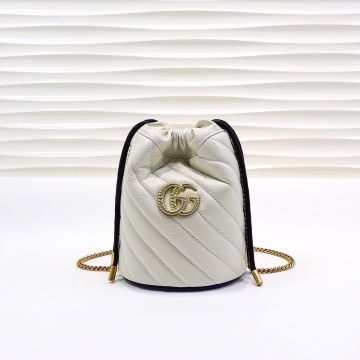 Gucci GG Marmont White Diagonal Quilted Design Gold Double G Logo Knot Closure Cute Mini Bucket Bag For Ladies