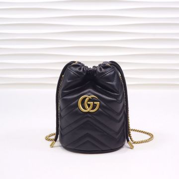 Replica Gucci GG Marmont Black Wave Quilted Look Gold Double G Logo Tether Design Women Classic Long Chain Mini Bucket Bag
