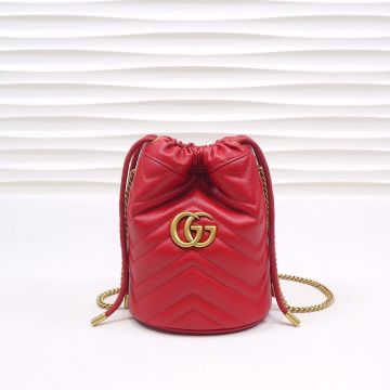  Gucci GG Marmont Red Chevron Quilted Brass Double G Detail Knot Closure Cute Ladies Mini Bucket Bag