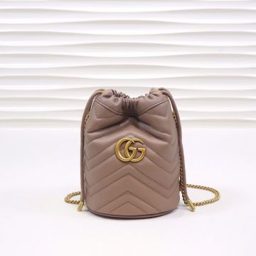 Top Quality Rose Beige Leather Wavy Quilted Design Silver Double G Detail GG Marmont—Clone Gucci Knot Closure Women'S Bucket Bag