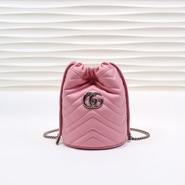 Hot Selling Pink Herringbone Quilted Leather Silver Double G Knot Design GG Marmont— Gucci Cute Mini Bucket Bag For Female