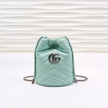 Classic Pale Turquoise Wavy Quilted Leather Shiny Silver Double G Hardware GG Marmont—Recreated Gucci Women'S Mini Bucket Bag