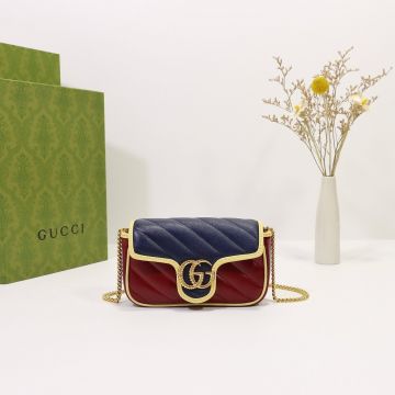 Chic Yellow Trim Wine Red-Navy Blue Flap Textured Double G Diagonal Quilting GG Marmot—Replica Gucci Super Mini Shoulder Bag