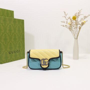 Chic Sky Blue Yellow Diagonal Quilting Blue Enamel Textured Double G Detail GG Maemont—Clone Gucci Women'S Super Mini Bag