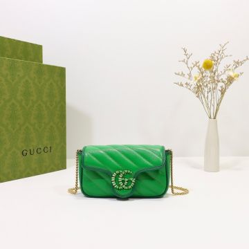 Replica Gucci GG Marmont Green Tone Quilted Leather Gold-Enamel Textured Details Double G Logo Super Mini Bag For Ladies