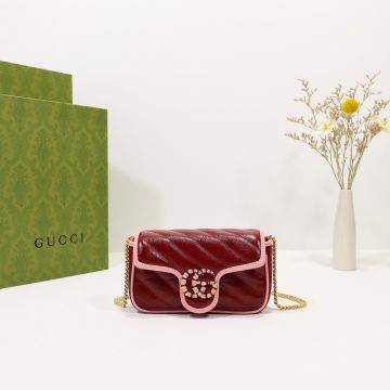 High End Dark Red Quilted Leather Enamel Gold Tone Double G Pink Trim GG Marmont— Gucci Super Mini Shoulder Bag