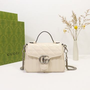 Best White Leather Vertical Diagonal Quilting Silver Double G Top Handle GG Marmont—Clone Gucci Elegant Women'S Mini Tote Bag