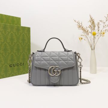 Copy Gucci GG Marmont Women'S Grey Leather Quilted Design Palladium Double G Hardware Top Handle Mini Tote Bag