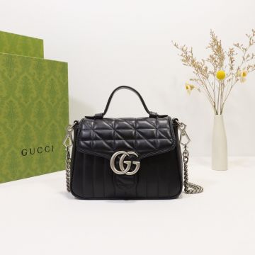 Chic Black Quilted Leather Palladium Double G Spring Buckle Closure GG Marmont— Women'S Classic Tote Bag