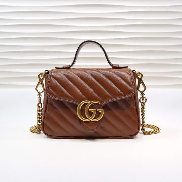 Best Diagonal Quilted Brown Leather Vintage Gold Double G Logo GG Marmont—Replica Gucci Mini Tote For Women