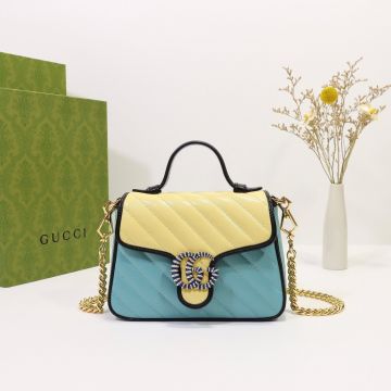 Clone Gucci GG Marmonn Blue Cream Twill Quilted Leather Enamel Detail Double G Flap Design Soft Style Mini Tote Bag