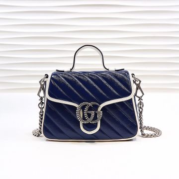 Dark Blue Diagonal Quilted White Leather Trim Vintage Twist Double G Detail GG Marmont— Gucci Mini Shoulder Bag For Ladies