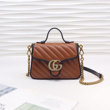  Gucci GG Marmont Orange Diagonal Quilted Black Leather Trim Top Handle Gold Double G Logo Women'S Chain Shoulder Bag