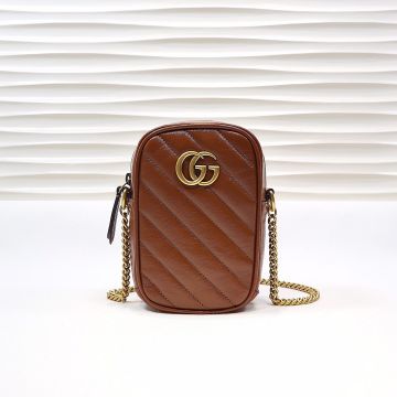 For Sale Diagonal Quilted Brown Leather Brass Double G Logo GG Marmont—Clone Gucci Unisex Mini Shoulder Bag