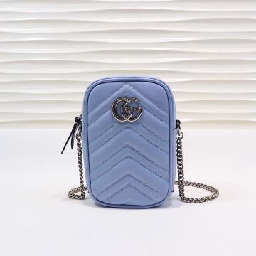 Replica Gucci GG Marmont Blue V Quilted Leather Silver Double G Logo Zip Closure Vertical Design Glamour Shoulder Bag For Women