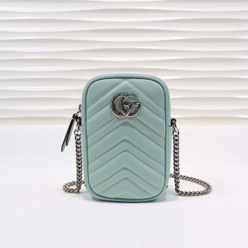 High End Pale Turquoise Leather V-Quilted Silver Double G Back Heart Pattern GG Marmont—Faux Gucci Delicate Mini Bag For Female