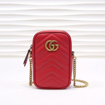 Copy Gucci GG Marmont Red Leather Quilted Details Silver Double G Zip Closure Vertical Women's Mini Bag