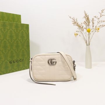 Discounted White Leather Geometric Quilted Design Gold Double G Detail GG Marmont—Replica Gucci Fixed Zip Women'S Mini Shoulder Bag