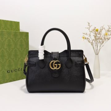 Best Quality Black Leather Double G Logo Opening Magnetic Closure Top Handle GG Marmont—Fake Gucci Business Lady Handbag
