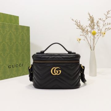  Gucci GG Marmont Black V-Quilted Leather Zip Closure Gold Double G Detail Top Handle Women'S Mini Shoulder Bag