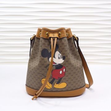 Cheapest GG Supreme Canvas Brown Leather Trim Large Mickey Mouse Pattern Drawstring Closure Disney X -  Gucci Ladies Bucket Bag