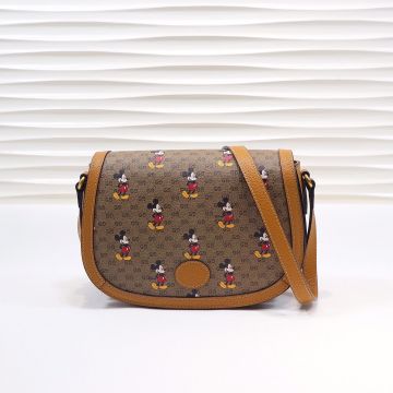 High Quality Beige-Ebony GG Supreme Canvas Coffee Leather Trim Mickey Mouse Pattern Flap Closure Disney X -  Gucci Women Shoulder Bag