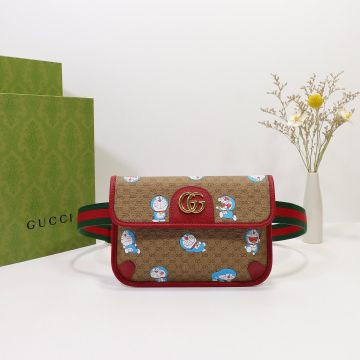 Replica Doraemon-Gucci Co-Branded Disney X Brown GG Supreme Canvas Red Trim Striped Waistband Gold Brand Lettering Women Belt Bag