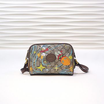 Fake Gucci 648124 Disney X Donald Duck Print GG Jacquard Denim Brown Leather Trim Shoulder Bag For Ladies